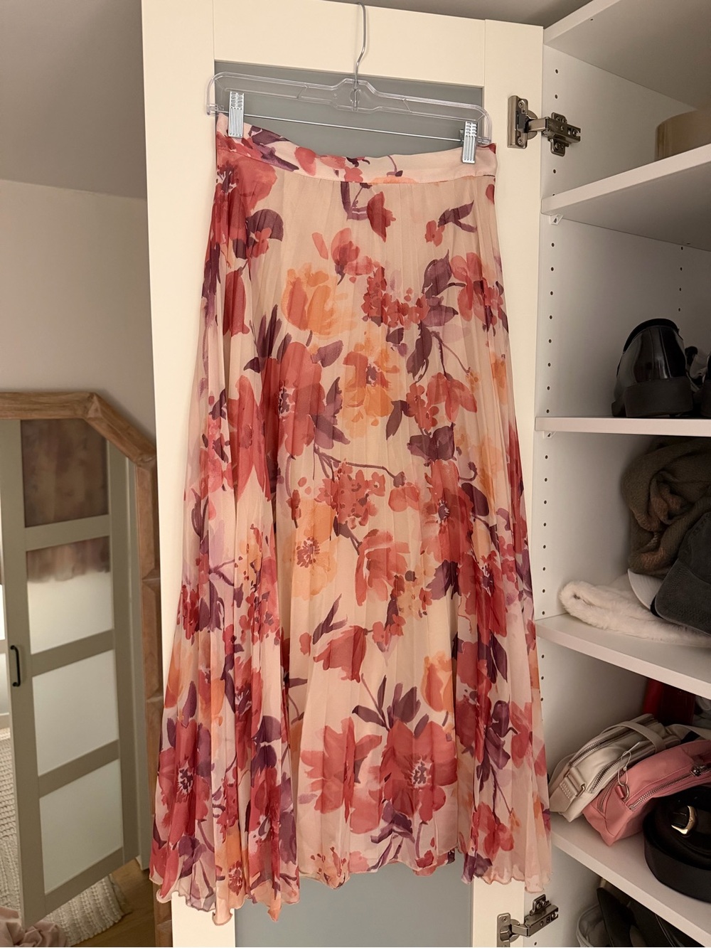 Zara Floral Pleated Maxi Skirt - Cream with Pink & Purple Flowers